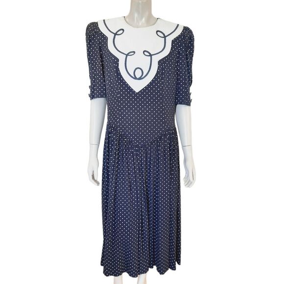 Vintage 80s Dress size Medium Dropped Princess Waist Bib Collar Puff Sleeves - Picture 1 of 9